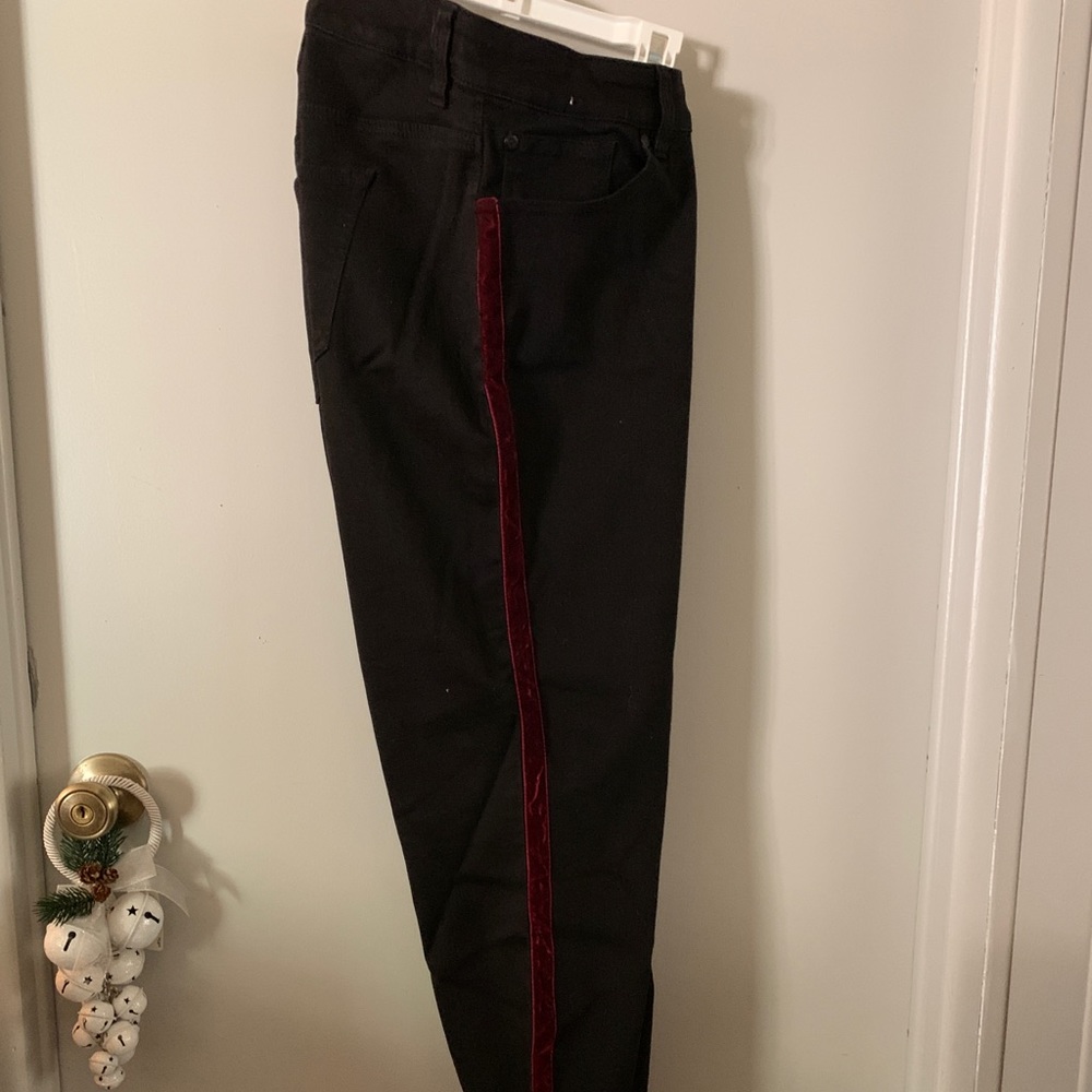 Red Tuxedo strip black jeans.
